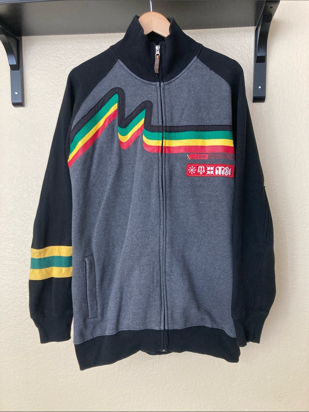 Vintage Mecca USA Track Jacket 3XL Rasta Stripe Grey Y2K Baggy Hip Hop Fleece